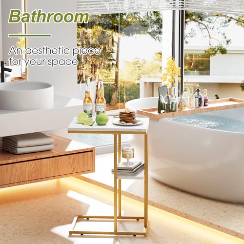 C Shaped End Side Table, Couch Sofa Table for Bed, Gold Snack Table with Metal Frame, TV Tray Table for Small Space, Living Room, Bedroom, Bedside(White Marble) - color: White Marble+gold