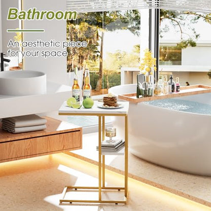 C Shaped End Side Table, Couch Sofa Table for Bed, Gold Snack Table with Metal Frame, TV Tray Table for Small Space, Living Room, Bedroom, Bedside(White Marble) - color: White Marble+gold