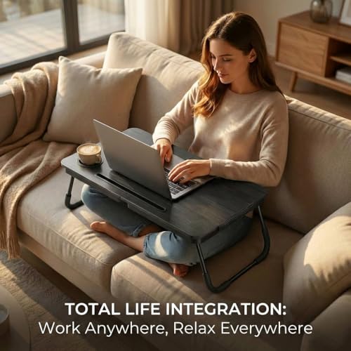 BUYIFY 23.4" Foldable Lap Desk Bed Table with Cup Holder Portable Tray | Folds Flat for Easy Storage, No Assembly Laptop Bed Desk, Sturdy and Lightweight, Patent Design, Deep Black - color: Deep Black