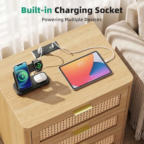 Kalrin Rattan Nightstand with Charging Station, 3 Drawers, Light Oak | 3 Drawers End Table with Storage, Wood Bedside Tables, Boho Larger Night Stand for Bedroom Office - color: Light Oak