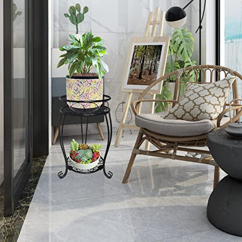 2 Pack 19.2 inch Metal Plant Stand Rack for Round Flower Pot, 2 Tier Potted Holder Indoor Outdoor Rustproof Wrought Iron Heavy Duty Planter Shelf for Corner Living Room Balcony Garden Patio, Black