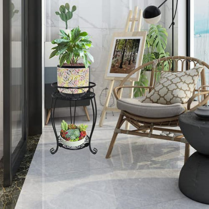 2 Pack 19.2 inch Metal Plant Stand Rack for Round Flower Pot, 2 Tier Potted Holder Indoor Outdoor Rustproof Wrought Iron Heavy Duty Planter Shelf for Corner Living Room Balcony Garden Patio, Black
