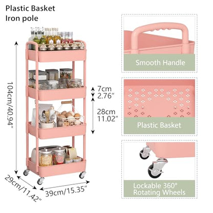 Sywhitta 4-Tier Plastic Rolling Utility Cart with Handle, Multi-Functional Storage Trolley for Office, Living Room, Kitchen, Movable Storage Organizer with Wheels, Pink | Multi-Functional Storage Trolley, for Office, Living Room, Kitchen, Bathroom,Movable