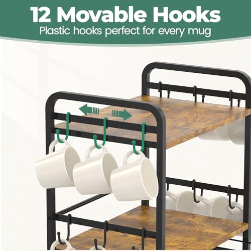 EsLuker.ly Coffee Bar Organizer Station Shelf Mug Holder for Countertop, 4 Tier Mug Holder Stand with 12 Hooks, K Cup Pod Drawer - color: Black+Brown+Brown