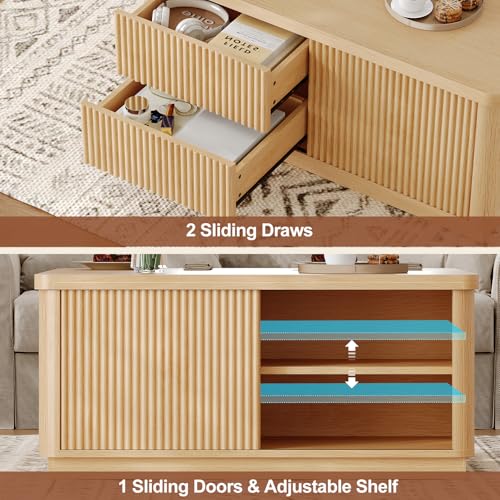 Itaar 39.4'' Lift Top Coffee Table with Storage, Fluted Coffee Tables for Living Room, Square Coffee Table with Large Hidden Compartment & 2 Drawrs & Adjustables Shelves, Oak - color: Oak