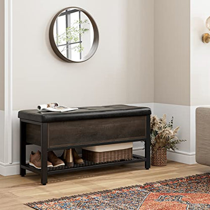 HOSTACK 40" W Storage Bench, Entryway Shoe Bench with Cushion, Dark Brown | Wood Metal Bench with Flip-Open Hidden Storage, Ottoman Bench with Padded Seat & Shoe Rack for Hallway, Bedroom, Living Room - color: Dark Brown