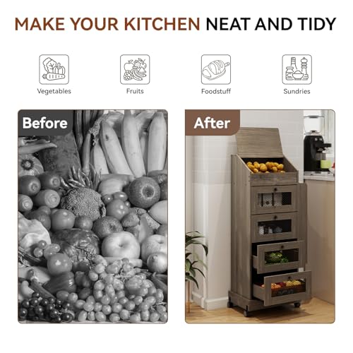 ARTETHYS Potato Storage Bin 5-Tier Rolling White Bread Box with Side Rack | Onion Keeper with Spice Rack on Wheels, Movable Fruit & Vegetable Container with 4 Ventilated Drawers for Kitchen - color: Gray
