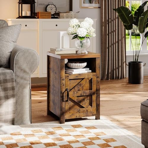 oneinmil Farmhouse Nightstand with Charging Station, Couch Side Table Set of 2, Bedside Table with Storage Space, End Tables with Barn Door, Bed Side Tables for Living Room and Bedroom, Rustic Brown - color: Brown