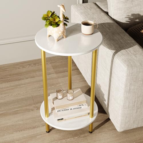 Small Round Side Table, White Round End Table, 2-Tier Modern Accent/Bedside Table for Living Room-White - color: White, size: 1PC