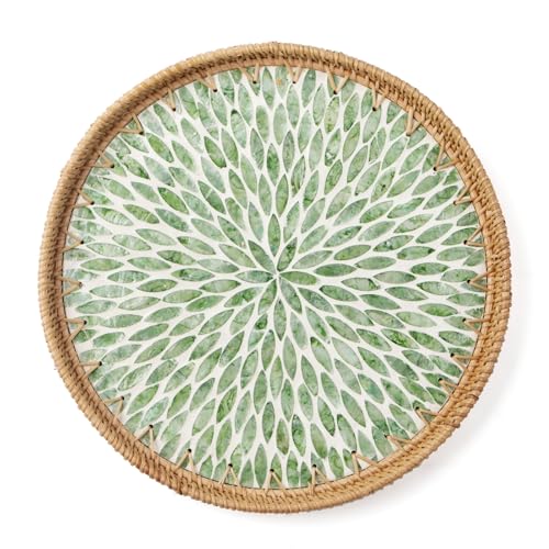 Round Rattan Tray with Mother of Pearl Inlay, Wooden Base | Coffee Table Serving Tray, Home Decorative Wicker Woven, for Outoor Patio Decor - color: Leaf