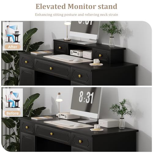 Catrimown Black Desk with 7 Drawers, 54 Inch Computer Desk with Cabinet for Work Writing Study, Vanity Desk with Golden Handle for Girls, Bedroom - color: Black