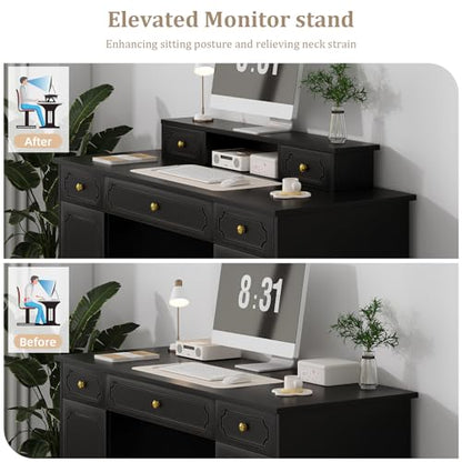Catrimown Black Desk with 7 Drawers, 54 Inch Computer Desk with Cabinet for Work Writing Study, Vanity Desk with Golden Handle for Girls, Bedroom - color: Black