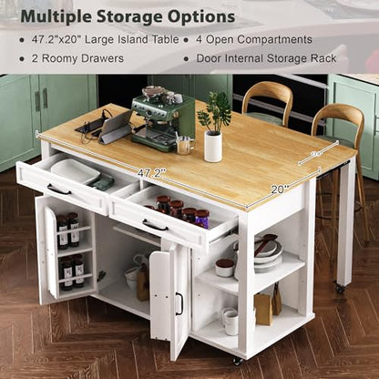 47 Extendable Countertop Coffee Station, Kitchen Storage Cabinets with Power Outlet, Kitchen Island Table with Rubber Wood Veneer for Kitchen use, White - color: White