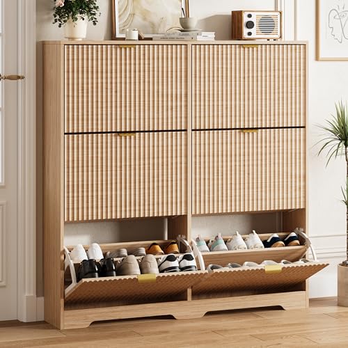 HUANLEGO Shoe Cabinet Storage for Entryway with 6 Flip Drawers, Oak Fluted Shoe Cabinet with Adjustable Shelves, Wooden Hidden Shoe Rack Freestanding Narrow Slim Shoes Storage for Hallway, Entrance - color: Oak, size: 6 Drawer