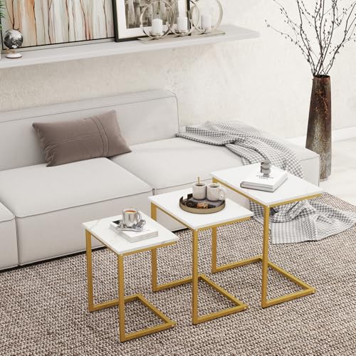 Tangkula Nesting Table Set of 3, Rectangle Stacking Side End Table with Wood Top & Metal Legs, Adjustable Foot Pads, C-shaped Accent Coffee Tables for Small Spaces, Living Room (C-shaped, White, 3-pc) - color: White