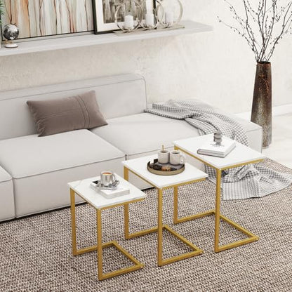 Tangkula Nesting Table Set of 3, Rectangle Stacking Side End Table with Wood Top & Metal Legs, Adjustable Foot Pads, C-shaped Accent Coffee Tables for Small Spaces, Living Room (C-shaped, White, 3-pc) - color: White