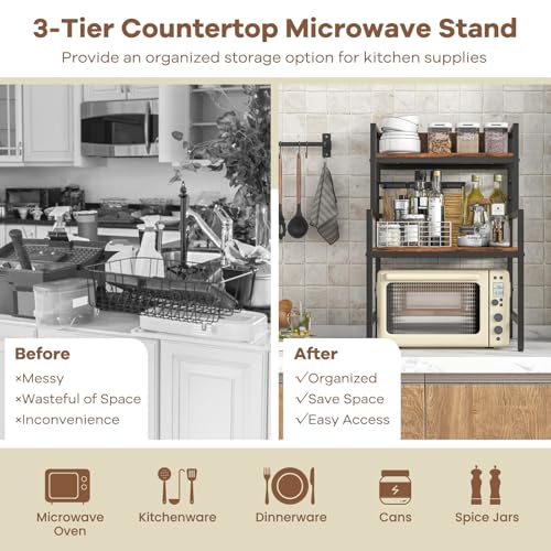 GOFLAME Microwave Stand Countertop, 3-Tier Microwave Oven Rack with Storage, Heavy-Duty Metal Frame, Multifunctional Tabletop Organizer Shelf for Kitchen, Home Office, 110lbs Capacity, Industrial
