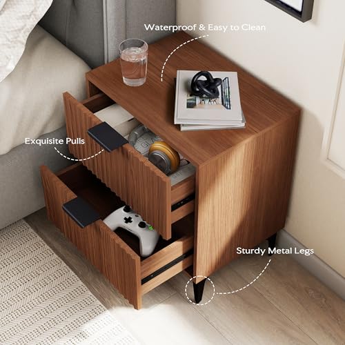 Walnut Fluted Nightstand Set of 2, Modern Night Stands with 2 Drawers | Bedside Table for Twin/Full/Queen Bed, End Table with Robot-friendly Metal Legs for Bedroom, Living Room - color: 2 Drawers-2pcs-walnut