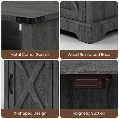 Nightstands Set of 2, Bedside Tables with Charging Station & LED Lights,25 inch Farmhouse Bedside Tables with Storage Cabinet, Open Shelf & Color Changing Lights, Rustic Wooden End Tables, Dark Gray