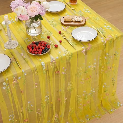 Horaldaily Embroidery Flower Yellow Tablecloth 52×70 Inch Rectangular | Spring Summer Gauze Tablecloth, Seasonal Tulle Table Cover, Garden Party Decor, Resuable,Washable - color: Yellow, size: 52" x 70" (Rectangular)