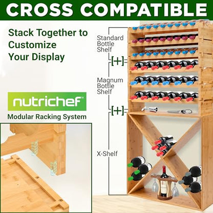 NutriChef 36 Bottle Wine Rack Stackable Bamboo Freestanding, 4-Tier Modular Shelf, Sturdy Wobble Free, Upgraded 2026 Design, Easy No-Tool Assembly for Kitchen, Cellar or Bar Storage 33.5" x 10" x 21" - size: 36 Bottle