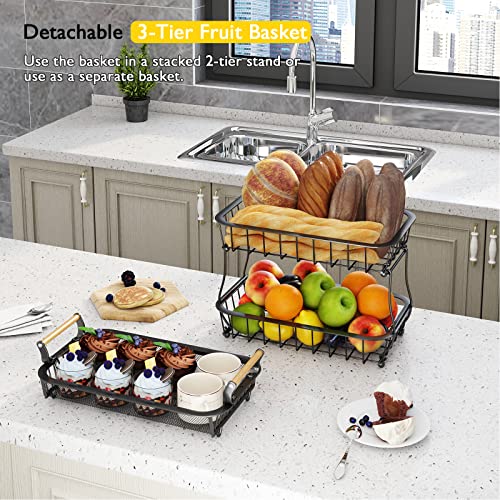 ANTOPY 3 Tier Fruit Basket with 2 Banana Hangers, Countertop Fruit Vegetable Basket Bowl for Kitchen Counter Metal Mesh Basket Fruits Stand Produce Holder Organizer for Onion Potato Bread Snack Veggie - color: Black (3 Tier with Banana Hangers & Mesh Top)