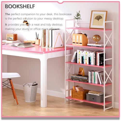 4NM Extra Wide 5 Tiers No Assembly Book Shelves, 51.2" H Folding Bookshelf Bookcase Open Industrial Foldable Shelves for Bedroom, Living Room, Home Office - Pink White - color: Pink White, size: Wide XX 5-Tier