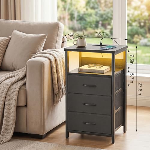 Fixwal Night Stand with 3 Fabric Storage Drawers, LED Nightstand with Charging Station, Bedside Table, Black - color: Black, size: 27.6"H (3 drawers), style: Power+Light (1pc)