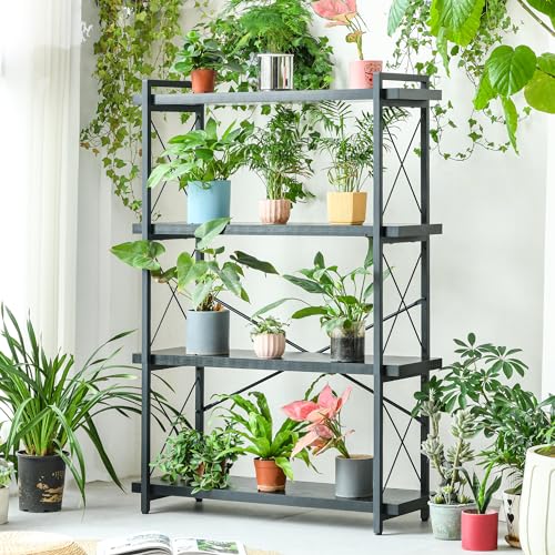 HCHQHS Bookshelf, 4-Tier Industrial Bookcase, Black Open Book Shelf, Freestanding Tall Bookshelves with Metal Frame - color: Ebony Black, size: 4-Tier (35.8"W x 51.2"H)