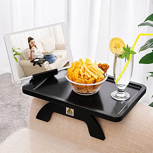 SINWANT Couch Arm Table, Bamboo Sofa Clip On Side Table Tray,Foldable Sofa Arm Tray with 360° Phone Holder for Eating Drinking Snacks Remote on Couch Armrest - color: Black