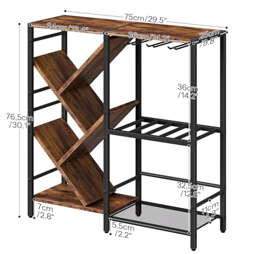 HOOBRO Liquor Cabinet Bar, Wine Rack Freestanding Floor, 3-Tier Wine Rack with Glass Holder, Liquor Bar Cabinet, Mini Bar Table with Bottle Display Rack for Home Bar, Rustic Brown and Black BF36JJ01