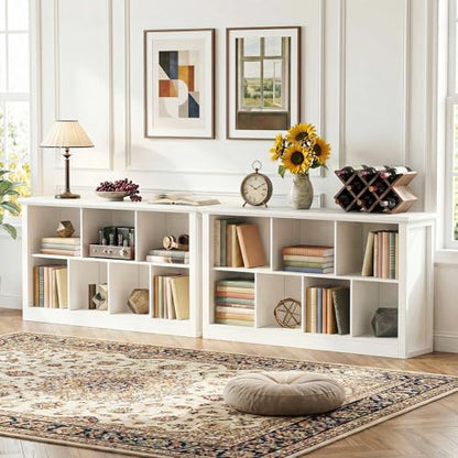 Unikito 7 Cube Storage Book Shelf - 47" Wide Wood Cube Storage Organizer, Wooden 2 Tiers Floor Standing Low Bookcase for Living Room, Bedroom, Home Office, Kids Room, Rustic White