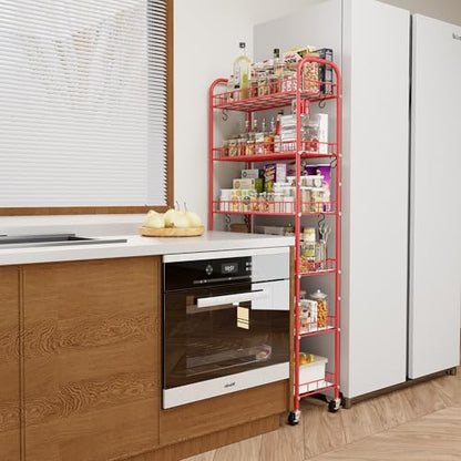 Slim Rolling Storage Cart, 6 Tier Metal Kitchen Rolling Utility Cart with Lockable Wheels for Kitchen, Bathroom, Laundry Room, Small Narrow Spaces (Red 10 Inches) - size: Red 10 Inches