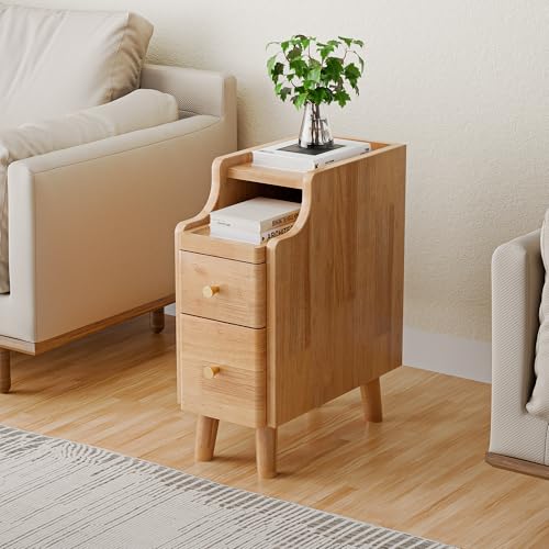 Narrow Nightstand Set of 2, 19.7" H Pre-Assembled Solid Wood Small Skinny Night Stand with Drawers, Open Sliding Shelf, Mid Century Modern Slim Bedside Table for Bedroom, Natural Oak,8" - color: Oak-2pack, size: 8"