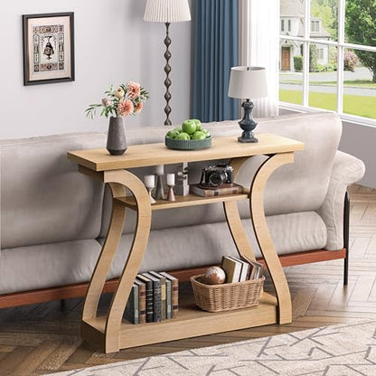 47" Wood Console Table for Entryway, Narrow Sofa Table with 3-Tier Shelves | Curved Legs Farmhouse Hallway Table, Skinny Console Table Behind Couch, Rustic Wooden Entry Table for Living Room (Natural) - color: Natural