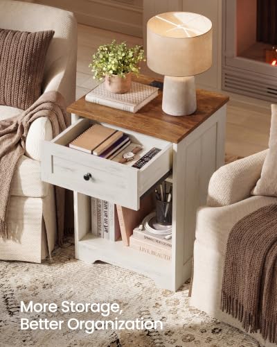 VASAGLE Traditional Basic Nightstand with Charging Station, Wood End Table with 1 Drawer and Open Shelf, 15.7 x 11.8 x 23.2 in, Cloud White and Warm Brown, for Bedroom, Siren Collection ULET828WJ01S - color: Cloud White + Warm Brown, size: 2 pack