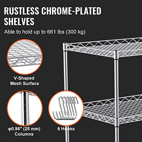 VEVOR Kitchen Utility Cart, 3 Tiers, Wire Rolling Table with 661 LBS Capacity, Steel Service Desk on Wheels, Metal Storage Trolley with 80 mm Deep Basket Curved Handle 6 Hooks - size: 18"D x 30"W x 32.4"H