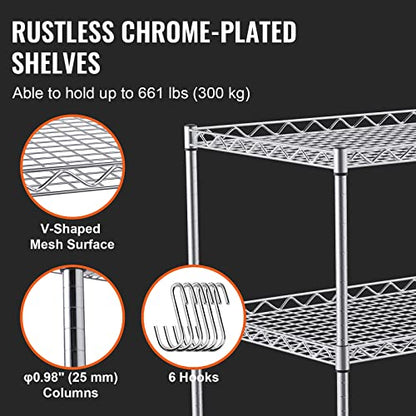 VEVOR Kitchen Utility Cart, 3 Tiers, Wire Rolling Table with 661 LBS Capacity, Steel Service Desk on Wheels, Metal Storage Trolley with 80 mm Deep Basket Curved Handle 6 Hooks - size: 18"D x 30"W x 32.4"H