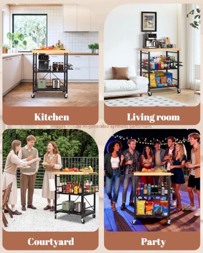 Mythinglogic Foldable Kitchen Cart with Wheels, Rolling Kitchen Island with Wood Top, 3-Tier Microwave Stand Coffee Bar Cart with Side Storage Rack, Black - size: 21.89"D x 29.33"W x 36.81"H
