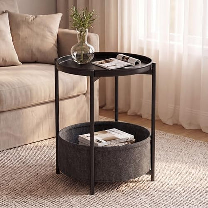 Garden 4 you Side Table with Fabric Storage Basket, Round Metal End Table, Small Bedside Table Nightstand with Removable Tray, for Nursery, Living Room, Bedroom, Bathroom, Black - color: Black