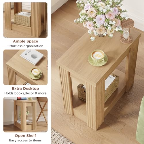 Maupvit Narrow Wood End Table for Living Room, 2-Tier Small Slim Side Table with Storage Shelf, Modern Fluted Nightstand for Bedside, Small Spaces, Living Room, Bedroom, Oak, Set of 2 - color: Oak