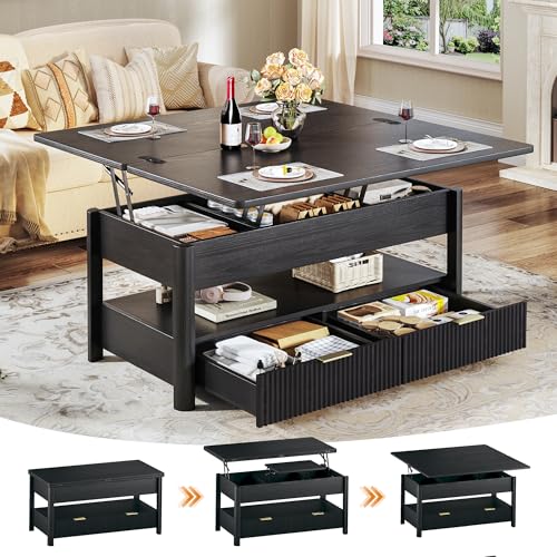 HUAHUU 40" Lift Top Coffee Table with Storage, 4 in 1 Square Coffee Table with Hidden Compartment & Open Shelf & 2 Drawers, Modern Coffee Tables with Lifting Top for Living Room, Home, Office, Black - color: Black, size: 19.7"D x 39.4"W x 19.7"H