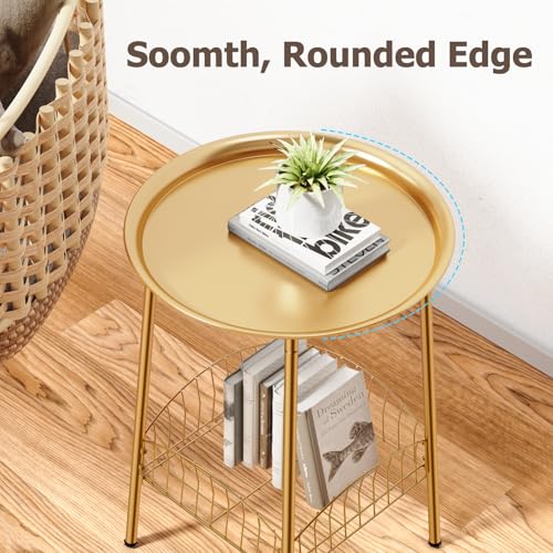 Small Outdoor Side Table, 2-Tier Round Metal Patio Table, Accent Table Waterproof, Weather Resistant End Table for Yard Porch Pool Balcony Garden Bedside (Gold) - color: Gold