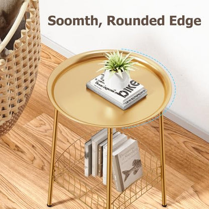 Small Outdoor Side Table, 2-Tier Round Metal Patio Table, Accent Table Waterproof, Weather Resistant End Table for Yard Porch Pool Balcony Garden Bedside (Gold) - color: Gold
