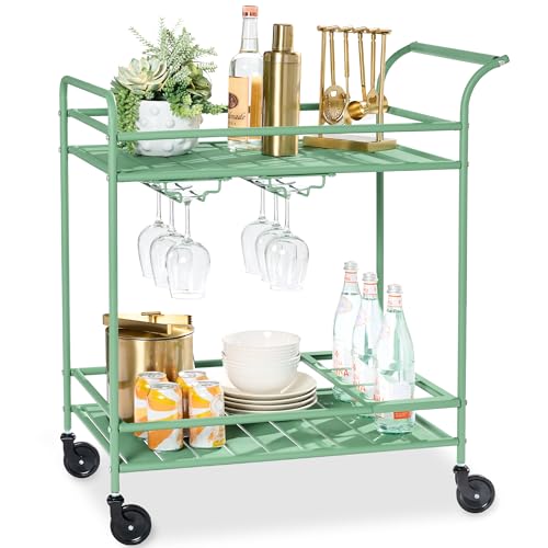 Best Choice Products Rolling Bar Cart, Mobile Home Bar Serving Cart, Serving Station w/ 2 Tier Shelves, Wine Rack, Lockable Wheels - Sage - color: Sage