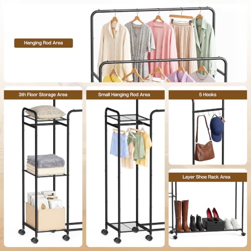 Heavy Duty Clothes Rack with Wheels, Double Rod Clothing Rack with Storage Shelves & Hooks, Rolling Garment Rack and Portable Closet Organizer for Bedroom, Laundry Room, Apartment