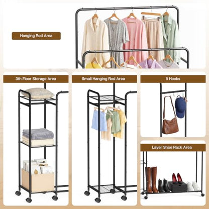 Heavy Duty Clothes Rack with Wheels, Double Rod Clothing Rack with Storage Shelves & Hooks, Rolling Garment Rack and Portable Closet Organizer for Bedroom, Laundry Room, Apartment