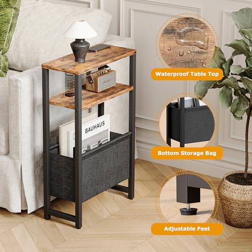 Narrow Side Table, Slim End Table with Magazine Rack, Skinny Bedside Table for Small Spaces, 3 Tier Sofa Couch Table Nightstand for Living Room, Bedroom, Rustic Brown LET503R - color: Rustic Brown, style: No Charging Station