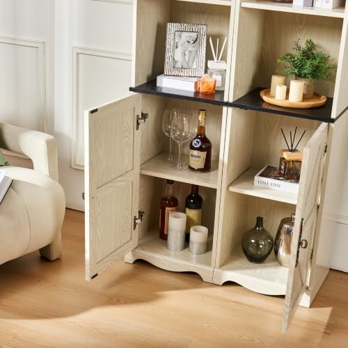 Farmhouse Tall Storage Cabinet with Adjustable Shelves, 3D Wood Grain Finish MDF Bookcase, Open Display Cubbies & Closed Barn Door Storage, Freely Combinable Bookshelf for Bedroom Living Room Office