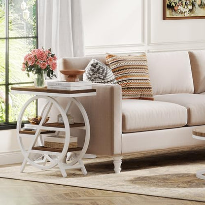 Tribesigns End Table for Living Room, 3-Tier Narrow Side Table with Storage, Wood Sofa Side Table with Geometric Metal Frame, Industrial Nightstand and Bedside Table for Bedroom (Light Brown+White) - color: Light Brown&white